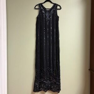 Sister Max Women's Vintage Beaded Silk Maxi Gown Black Sequin Evening M